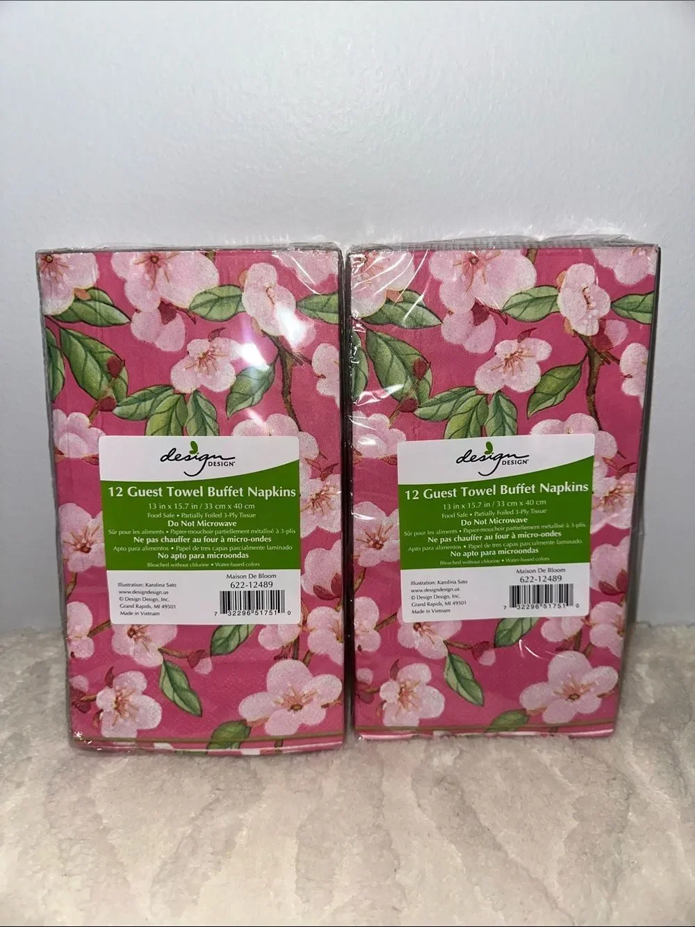 Design Pink Green Cherry Blossoms Floral Guest Towel Buffet Size x 2 packs